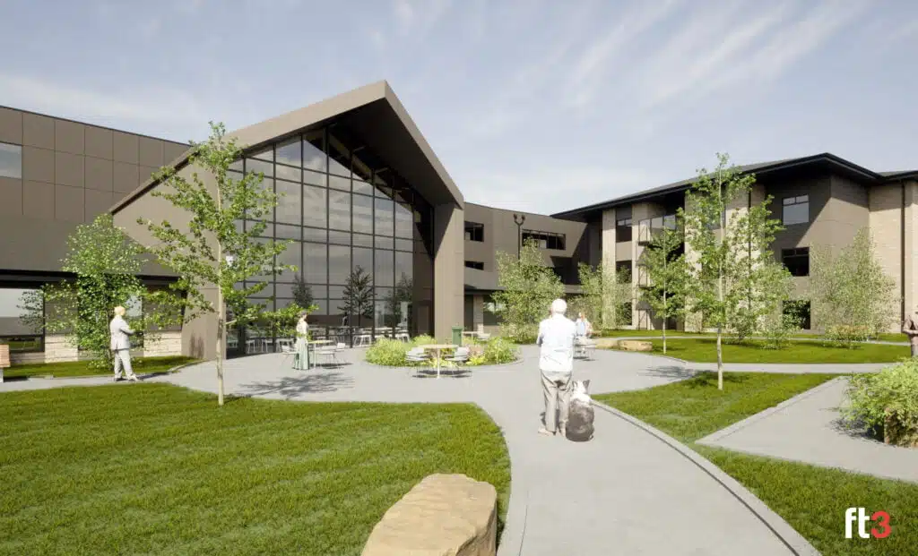 Rendering of The New Stonewall & District Personal Care Home's backyard. It includes a modern building in the background, green space, walking paths, and seniors enjoying the outdoors.