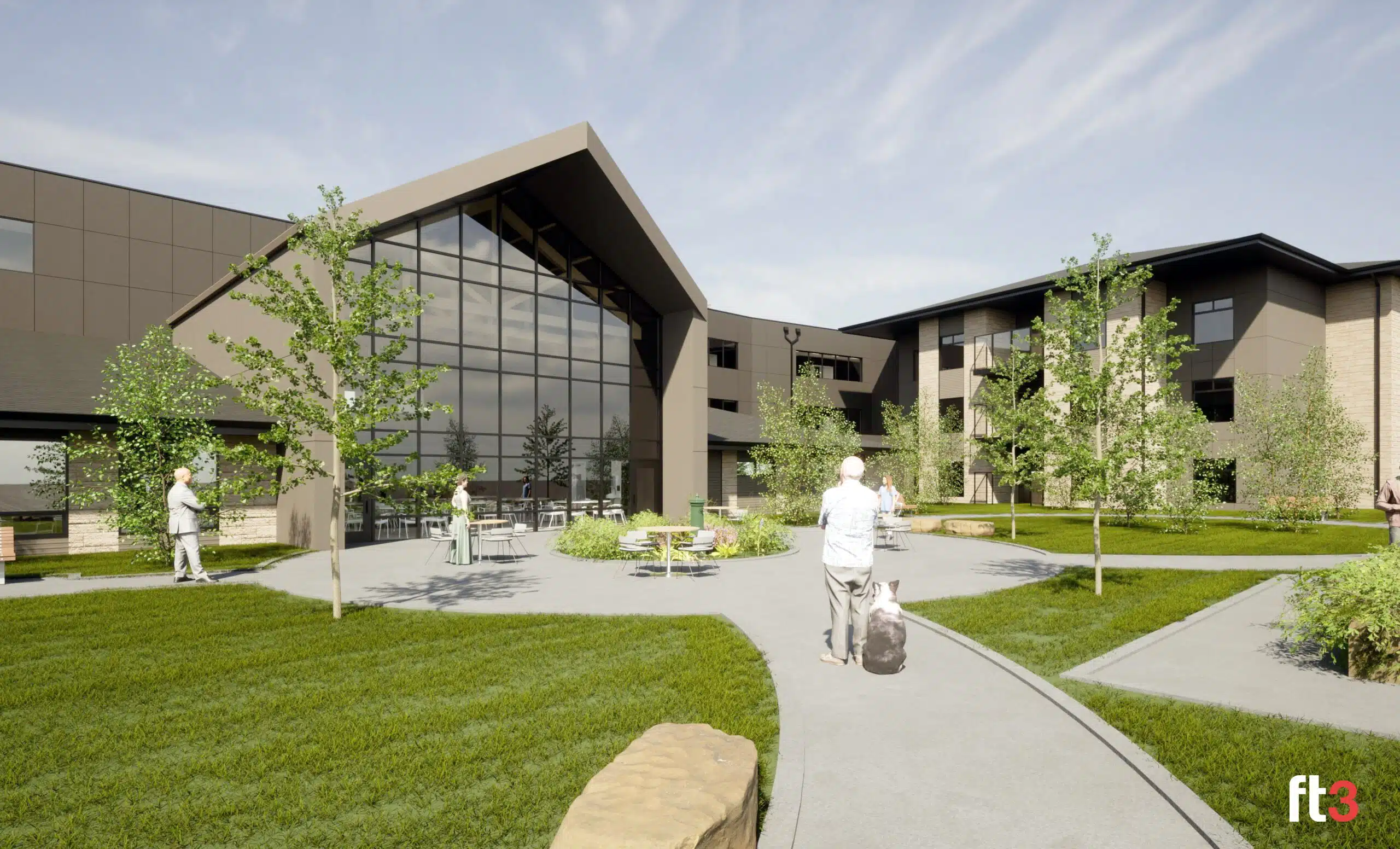 Rendering of The New Stonewall & District Personal Care Home's backyard. It includes a modern building in the background, green space, walking paths, and seniors enjoying the outdoors.